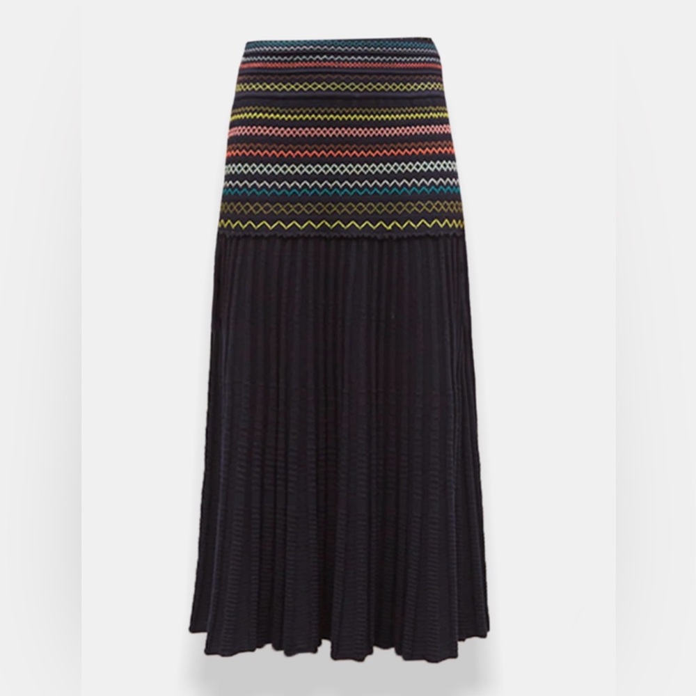 MOLLI Size M • Jacquard Navy Blue 100% Laine Wool Pleated Knit Skirt Designer.